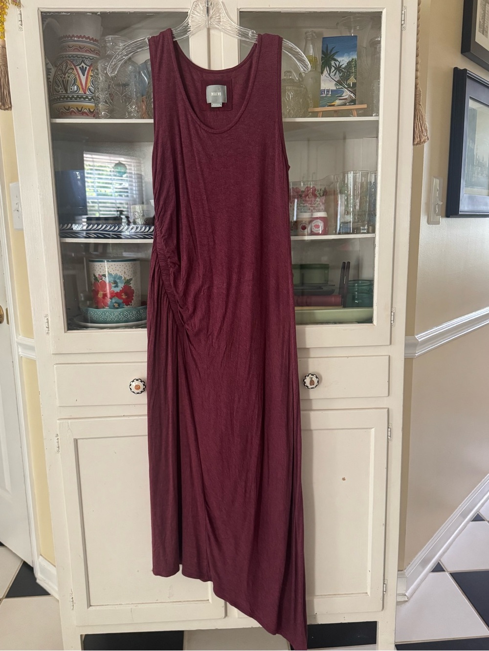Anthropologie Maeve Burgundy Ruched Asymmetrical Maxi Dress M